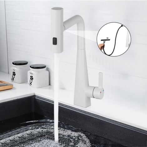 Robinet de cuisine G3/8", pivotant à 360 degrés, robinet d'évier extractible avec tuyau rétractable, robinet de lavabo cascade, blanc (1/5)