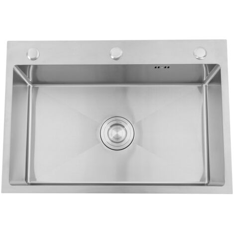 Évier de cuisine, 65 x 45 cm, 1 cuve, modèle encastrable avec trou pour robinet et distributeur de savon, en acier inoxydable, avec kit siphon et trop-plein (sans distributeur de savon) (1/5)