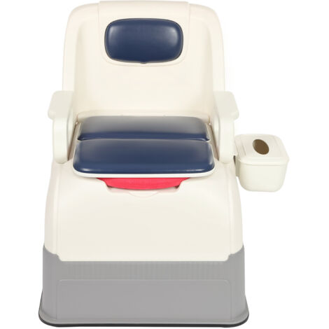 Chaise percée de chevet ultra-résistante (100 kg), bleue, chaise percée portable 3-en-1 pour personnes âgées et adultes, chaise rembourrée en PU, seaux et boîte à mouchoirs (1/5)