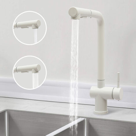 Robinet de cuisine à bec extractible, mitigeur de cuisine en acier inoxydable, 2 types de jets, pivotant à 360°, acier inoxydable brossé, blanc (1/5)