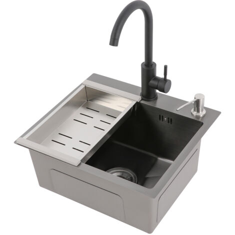 Évier de cuisine 40 x 45 cm, évier simple en acier inoxydable, noir, avec kit comprenant un robinet, un siphon, un distributeur de savon et une passoire (1/5)