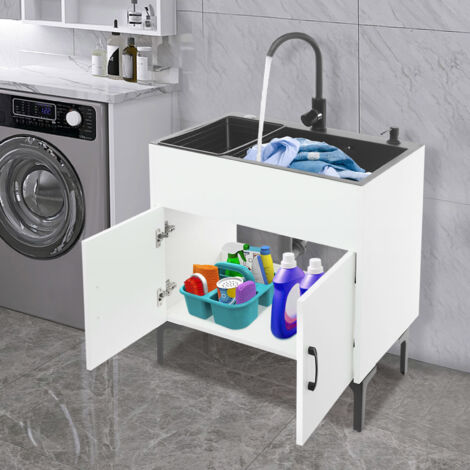 Meuble sous-évier de cuisine 68 x 45 cm, évier professionnel à cuve unique, cuve à lessive indépendante blanche, avec robinets d'eau chaude et froide, adapté à la salle de bains et à la buanderie
