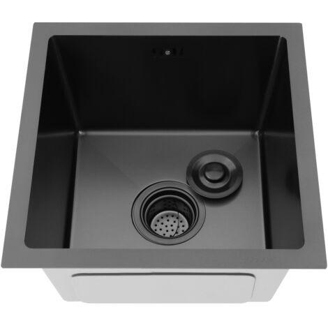 Évier de cuisine, évier carré en acier inoxydable de 38 cm pour camping-car, avec bouchon-filtre, modèle à cuve unique, installation encastrée ou sur plan, noir (1/5)
