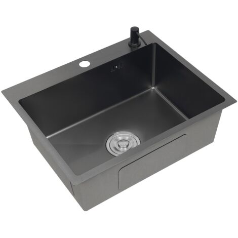 Évier rectangulaire de 55 x 45 cm, évier de cuisine à cuve unique, évier encastrable, évier avec bonde et distributeur de savon, en acier inoxydable, noir