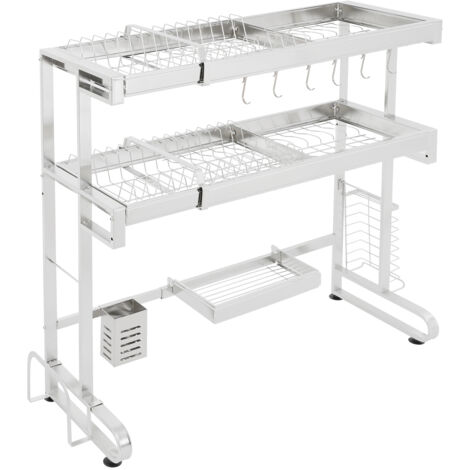 Égouttoir à vaisselle générique à deux niveaux pour évier, grand égouttoir en acier inoxydable 304 renforcé, longueur réglable (64-103 cm), organiseur extensible pour évier de cuisine (1/5)