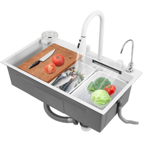 Évier de cuisine en cascade blanc de 80 x 46 cm, évier de comptoir en acier inoxydable, équipé d'un robinet coulissant multifonctionnel ainsi que d'un système de vidange et d'accessoires