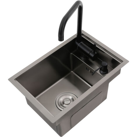 Évier de cuisine 30 x 45 x 23 cm, modèle compact et invisible pour cuisine, bar ou caravane  évier simple avec couvercle, petit siphon intégré, à poser sur plan de travail, en acier inoxydable