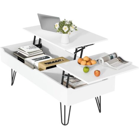 Mutital Höhenverstellbarer Couchtisch 120x50 cm – Rechteckiger Wohnzimmertisch mit Doppelplatte und großem Stauraum – MDF & Metall – Einfache Montage