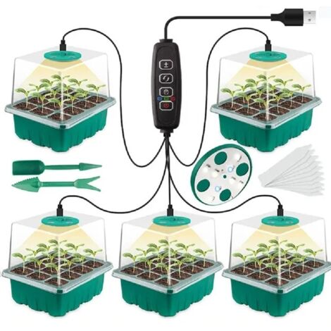 Lot de 5 plateaux de semis avec couvercle, mini-serre avec LED croissance, 12 cellules par plateau (60 au total), pour germination et culture de plantes