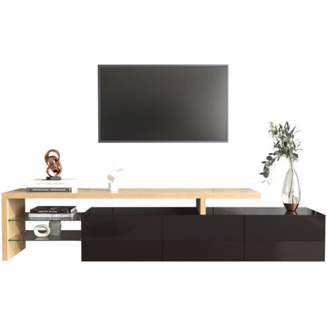 Meuble TV moderne 197,5 cm – Rangement pratique, finition noir et effet bois, étagères en verre, éclairage LED intégré (1/5)