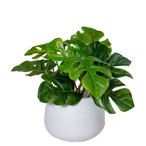 Mini plante artificielle Monstera – Pot blanc 16×10 cm, style moderne pour décoration intérieure et extérieure