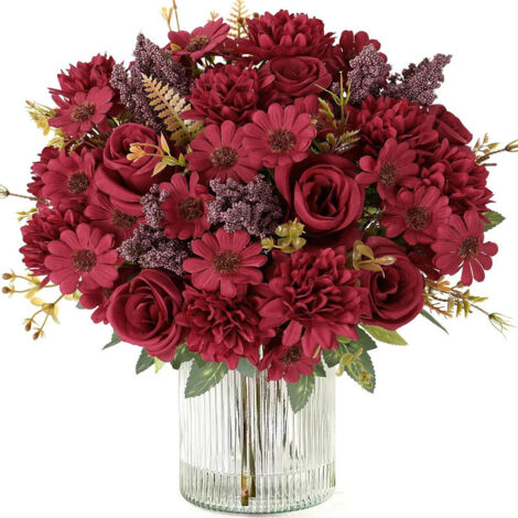 Lot de fleurs artificielles – Hortensia et rose réalistes pour mariage, table et décoration de maison,Rouge (1/5)