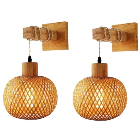 Lot de 2 Appliques Murales Lanterne Bambou et Rotin – Osier Tissé Main, Chambre, Ampoule Non Incluse (1/5)