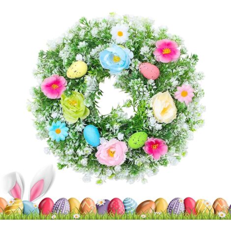 Couronne de Pâques avec œufs colorés et fleurs – Couronne artificielle de 35 cm pour porte, mur, fenêtre et décoration de fête (1/4)