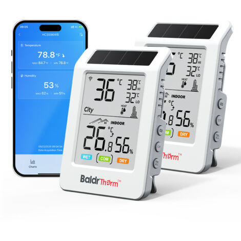 Lot de 2 Thermomètres Hygromètres WiFi Solaire – Intérieur/Extérieur, Alertes App, Pour Serre et Chambre Bébé (1/5)
