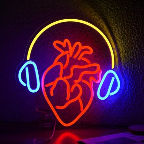 Néon Mélodie Rythmée, Enseigne LED Cœur USB, Enseigne Néon Musique Casque, Cadeau Chambre/Bar pour Musiciens, Mélomanes et Gamers (1/5)