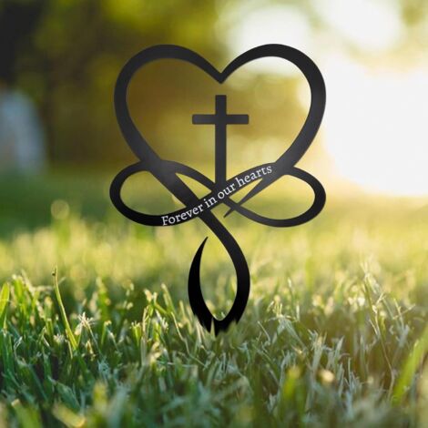 Croix en métal en forme de cœur infini, Piquet de jardin, Décoration commémorative « À jamais dans nos cœurs », Symbole chrétien d'amour (1/5)