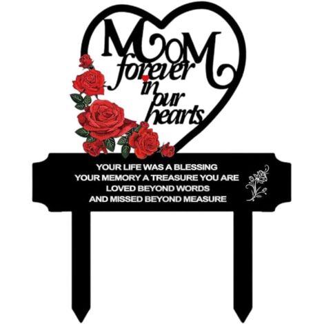 Plaque funéraire commémorative en métal pour maman - Décoration de cimetière en forme de cœur avec roses, inscription « À jamais dans nos cœurs » (1/5)