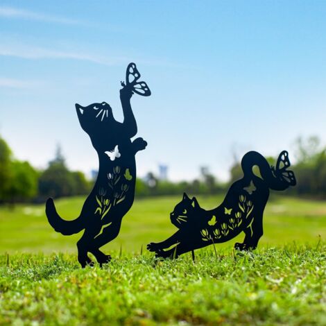 Piquets décoratifs en métal en forme de chat pour jardin, cadeaux pour femmes/hommes, statues silhouette de chat noir pour décoration extérieure (1/5)