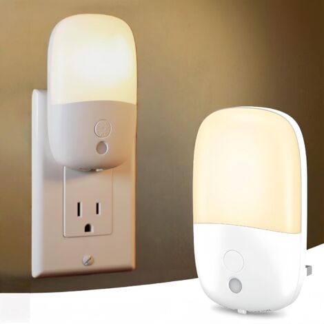 Lot de 2 veilleuses LED à brancher – Intensité réglable avec interrupteur marche/arrêt, capteur crépusculaire automatique, lumière blanc chaud pour salle de bain et couloir (1/5)