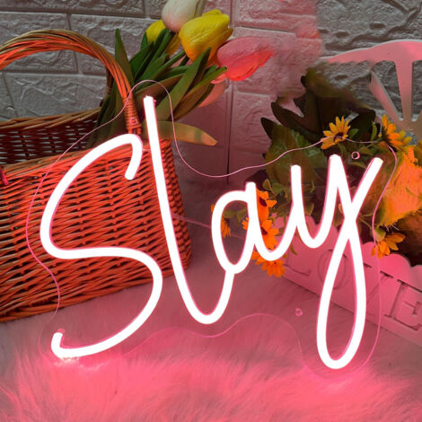 Enseigne néon « Slay » – Lettres lumineuses LED pour salle de jeux ou chambre de fille alimentée par USB (13,9 x 12,1 pouces) (1/5)