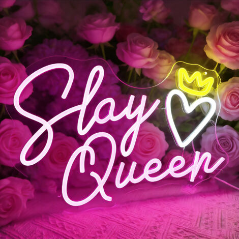 Enseigne lumineuse LED « Slay Queen » avec motif cœur – murale tendance pour chambre de fille ou salle de jeux – 15,75" x 10,24" – Variateur d'intensité USB (1/5)