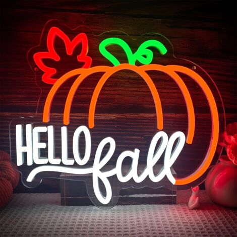 Enseigne néon « Hello Fall » (Bienvenue l'automne) Lumière néon LED dimmable représentant une citrouille et une feuille d'érable murale pour chambre, idéal pour les fêtes et comme cadeau (1/5)