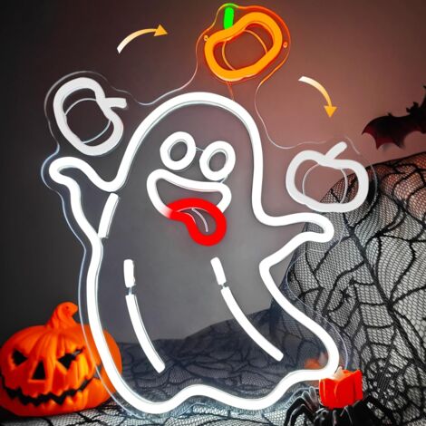 Enseigne néon Halloween pour murale – Lumière LED représentant un fantôme lançant une citrouille animée pour fenêtre, bar, « Man Cave », soirée à thème horreur et salle de jeux (1/5)