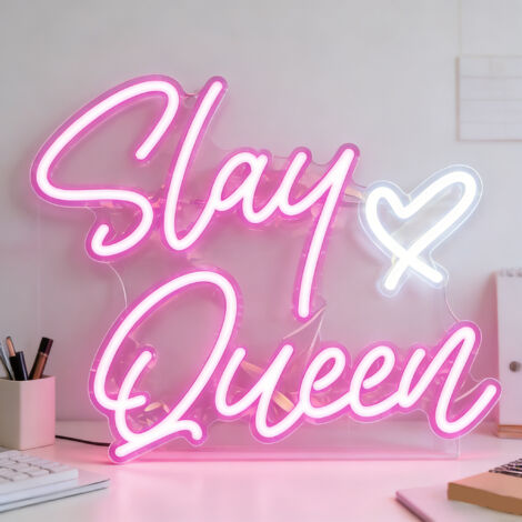 Enseigne lumineuse LED « Slay Queen » 38,9 x 32 cm Enseigne « Slay Queen » pour chambre de fille, bar, bureau ou dortoir (1/5)