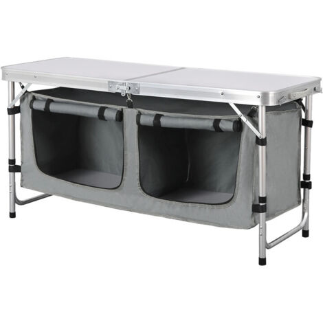 Table de camping 120x47 cm blanche – Structure en aluminium type valise – Hauteur réglable – Sac de rangement et espace de stockage – Usage jardin et barbecue (1/5)