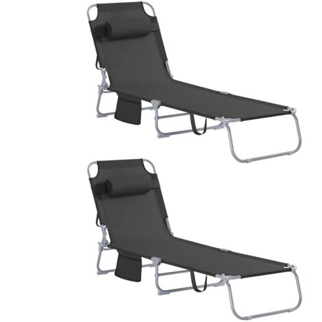 2 ensemble chaise longue de jardin avec sac et oreiller chaise longue pliante aérée pour jardins, cours, plages, balcons, noir (1/5)