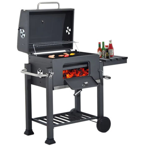 Barbecue charbon de bois XL avec couvercle, surface cuisson 55x36 cm, grille maintien au chaud, thermomètre intégré, tables pliables