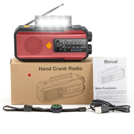 Radio d'Urgence Solaire avec Manivelle 2000mAh – Lampe LED, Alarme SOS et Batterie Externe, Résistante à l'Eau (Rouge) (1/5)