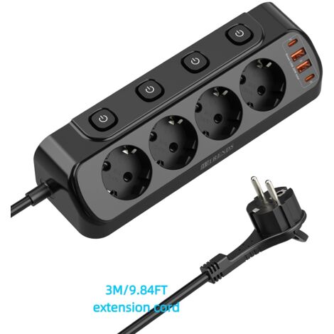 Prise UE Carte d'alimentation multifonction 4 prises 2 USB-A et 2USB-C Développement rapide Adaptateurs secteur Rallonge 3 m Joli indépendant Noir (1/4)