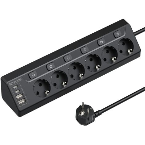 Multiprise européenne à 6 voies avec 2 USB 2 Type C, prise multifonctionnelle d'angle avec câble de 2m pour Table de maison, Noir (1/5)
