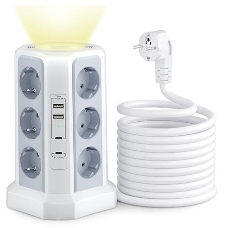 Parasurtenseur multiprise, 4000 W, 16 A, avec 2 ports USB A et 2 ports USB C, câble d'extension de 2 m, modèle gris avec veilleuse (1/5)