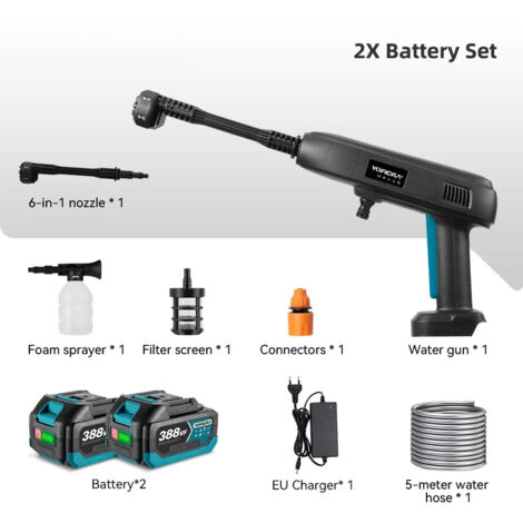 6IN1 pistolet de pulvérisation d'eau électrique haute pression outil de lavage de jardin de voiture avec seau d'eau pliable de 22L pour broche de batterie Makita(Avec 2 batteries, sans seau) (1/5)