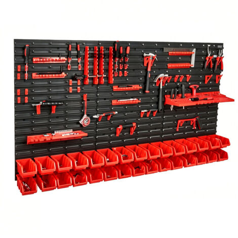 Organisateur mural de garage avec bacs de rangement – 30 bacs, panneaux muraux avec crochets, support pour vis et clous en plastique (1/5)