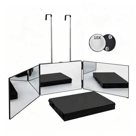 Miroir de maquillage pliable 360° à trois volets – Avec loupe 10×, crochet télescopique réglable, idéal pour coiffure, rasage et voyage (1/5)