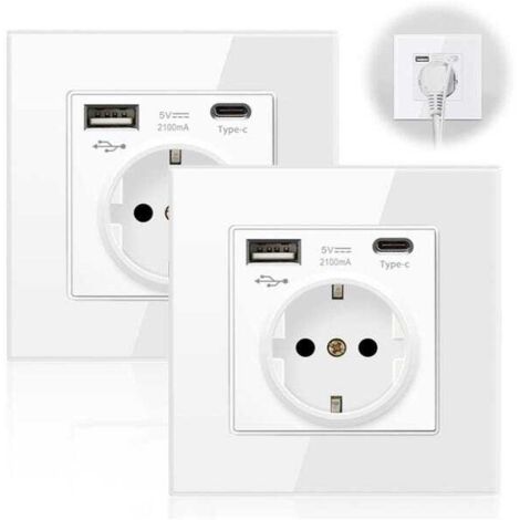 Lot de 2 prises murales avec USB et Type C, universelle, protection contre surintensité, 86 mm, blanc (1/5)