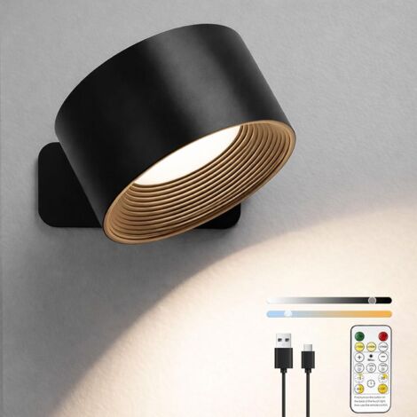 Applique murale LED rechargeable avec télécommande, 3 couleurs, rotation 360° – Noir, sans fil