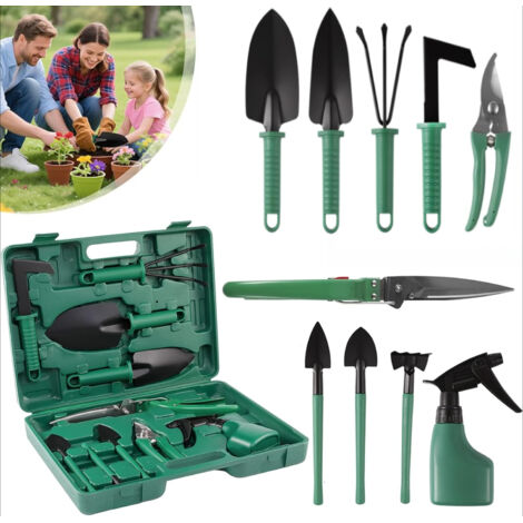 Kit de Jardinage 10 Pièces – Outils à Main avec Pelle, Râteau, Désherbeur, Sécateur et Pulvérisateur, Poignées Ergonomiques et Étui de Transport (1/5)