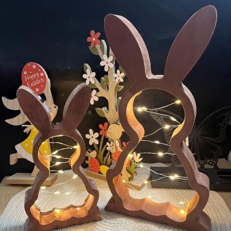 2 Pièces Lapin de Pâques en Bois LED – Décoration Moderne de Pâques avec Guirlande Lumineuse pour Intérieur et Extérieur (1/5)