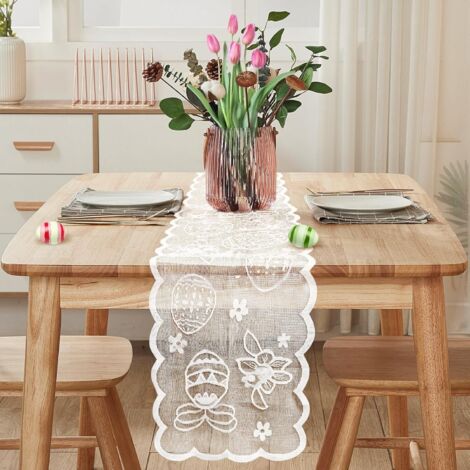 Chemin de Table Pâques 183x33 cm – Nappe avec Lapins pour Décoration de Printemps et Table de Fête-Blanc