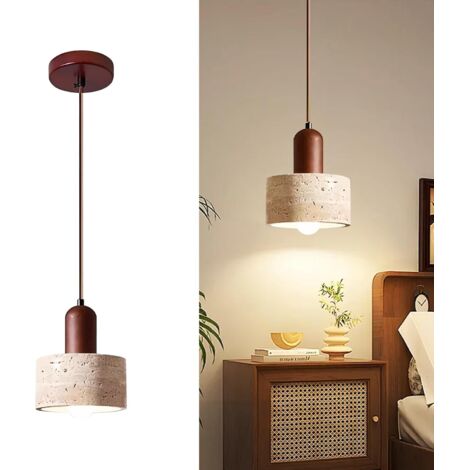 Lustre Suspension Cylindrique en Pierre Naturelle – Abat-Jour Bois de Noyer, Lampe Suspendue Rétro Nordique pour Îlot Cuisine (1/5)
