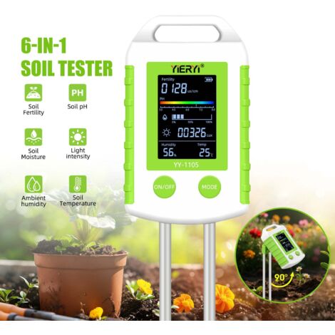 Testeur Sol 6-en-1 Multifonction – Mesure pH, Humidité, Température, Lumière et Fertilité, Double Sonde, Écran LCD pour Jardin (1/5)