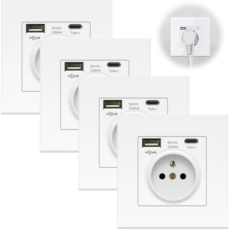 Lot de 4 Prises Murales avec USB & Type-C – 5V 2.1A, Prise Universelle avec Protection Surintensité, Format 86 mm, Blanc (1/5)