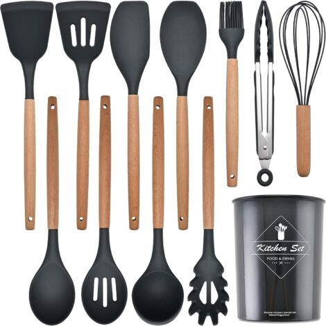 Set de 12 Ustensiles de Cuisine en Silicone Alimentaire – Résistants à 446℉, Antiadhésifs, avec Manches en Bois, Cuillère et Spatule (1/5)
