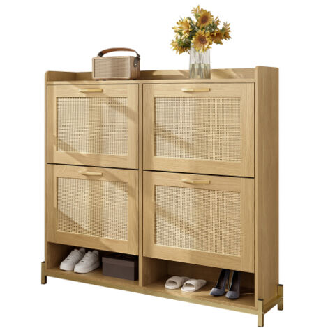 Meuble à Chaussures Élégant en Bois avec Portes en Rotin – 4 Portes, Structure Métallique et Étagère Supérieure pour un Rangement Stylé et Organisé (1/4)