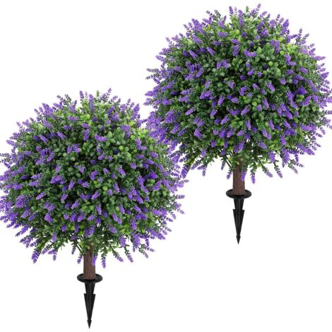 Lot de 2 topiaires boule de lavande artificielle 24 pouces avec pique – Arbustes artificiels à feuilles persistantes pour décoration intérieure et extérieure (1/5)